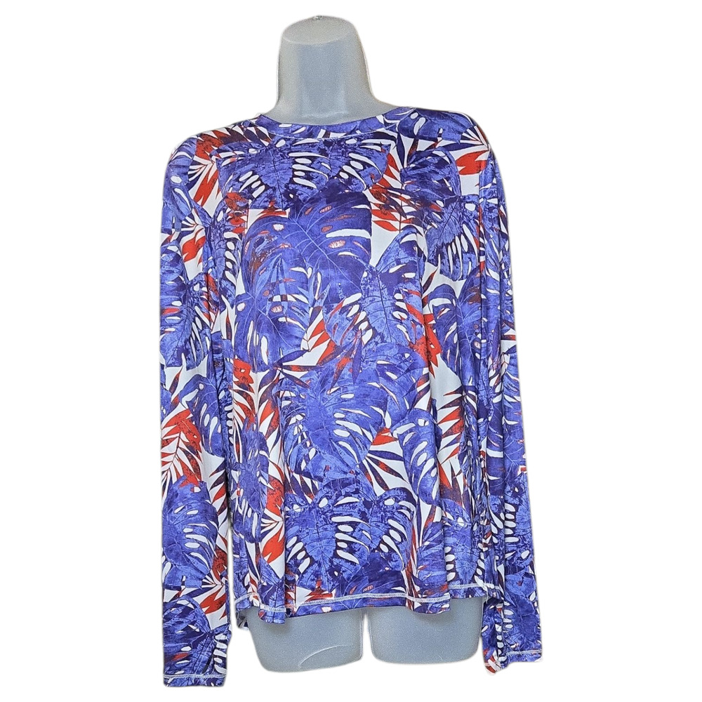 Silver Bait Wom LG Purple Red Leaf Print Fishing Swim Beach Long Sleeve Top EUC